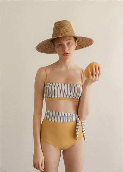 

korean new split high waist swimsuit striped women's swimsuit swimwear women push women's bikinis 2021beachwear bathing suit