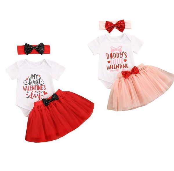 

clothing sets 3pcs valentine's day clothes infant baby girl short sleeve letter print romper mesh tutu skirt bow headband 0-18m, White