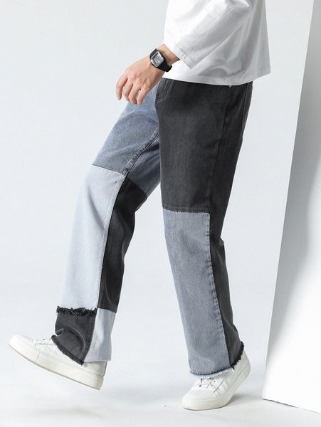 

men color block raw trim tapered jeans i945#, Blue