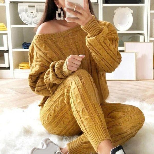 

women's sweaters two piece set women winter solid color off shoulder long sleeve sweater knitted pants clothes for ropa mujer 2021, White;black