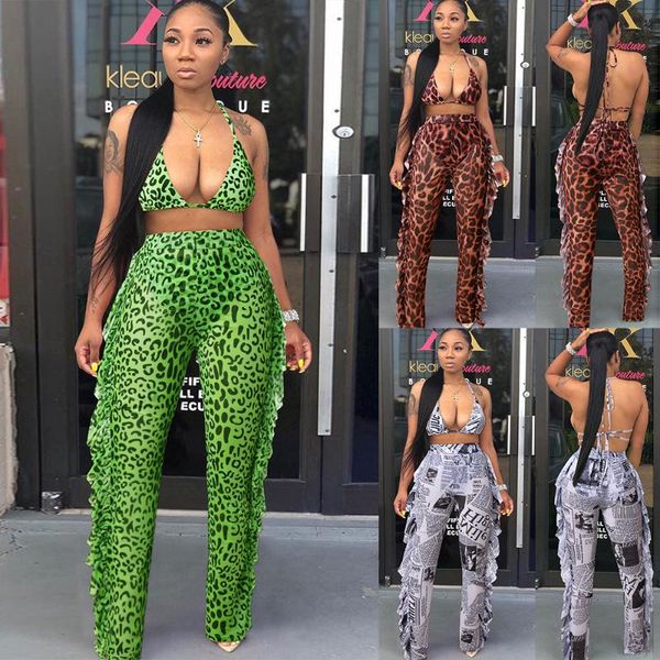 

women's tracksuits Â two piece set leopard summer mesh two halter bra ruffle wide leg pants with panties beach club suits, Gray