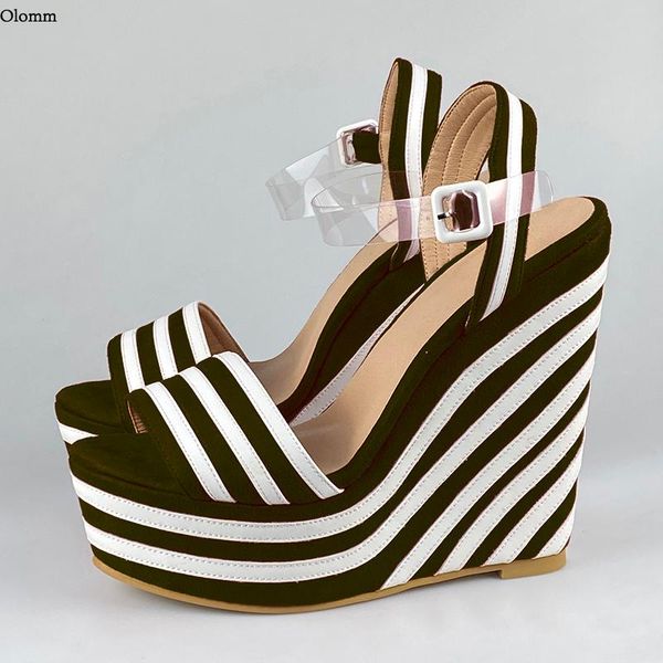 

sandals olomm handmade women summer wedges stripe shoes open toe gorgeous 9 colors club wear us plus size 5-20, Black