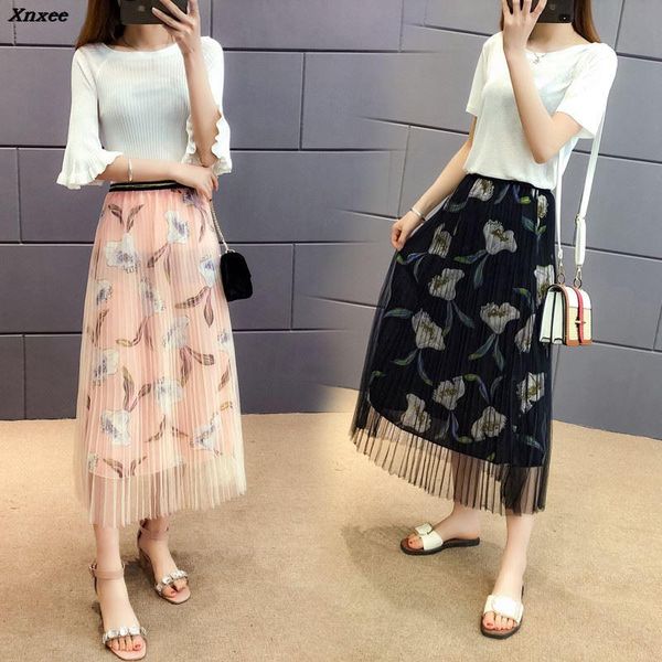 

skirts women fashion vintage chiffon long floral mesh print saia a line faldas summer high waist bohemian midi skirt xnxee, Black