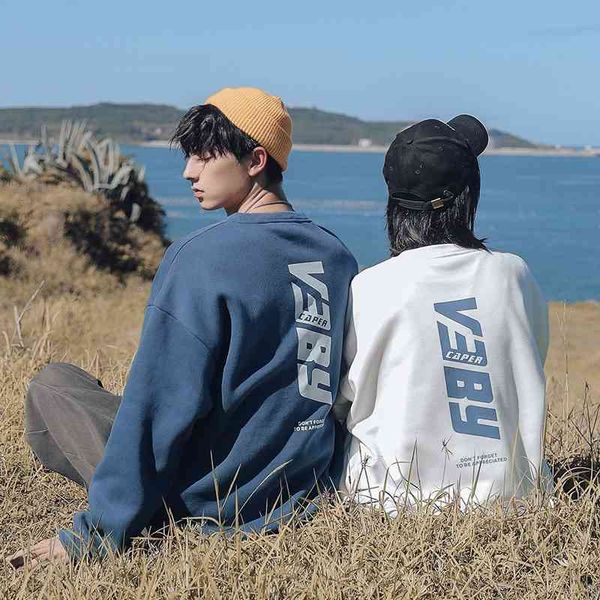 

han luxin 2021 spring new sweater men's loose round neck pullover printing couple's fashion, Black