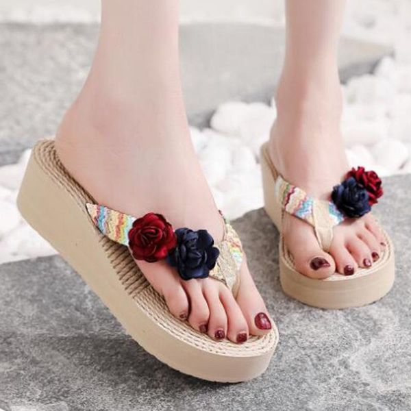 

women slippers new summer fashion flower flip flops female casual wedge platform non-slip beach shoes ladies sandals qq295, Black