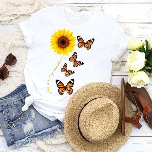 

women graphic sunflower butterfly cartoon floral fashion girl lady tees print t shirt clothing female shirt womens t-shirt, White