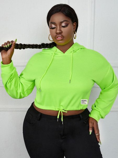 

sxy plus neon green letter patched drop shoulder drawstring hoodie s5ui#, Black