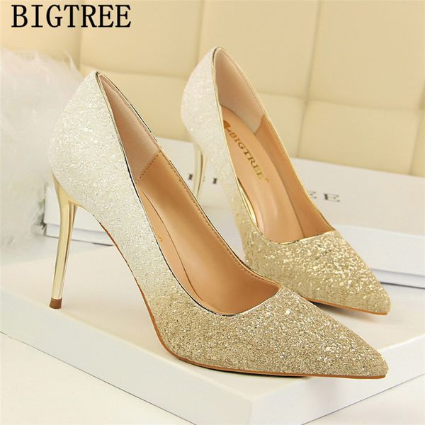 

glitter heels bigtree shoes luxury heels wedding shoes bride black pumps women high heels new arrival 2020 plus size shoes women