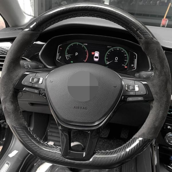 

car steering wheel cover diy hand-stitched non-slip black carbon fiber suede for volkswagen golf 7 mk7 passat b8