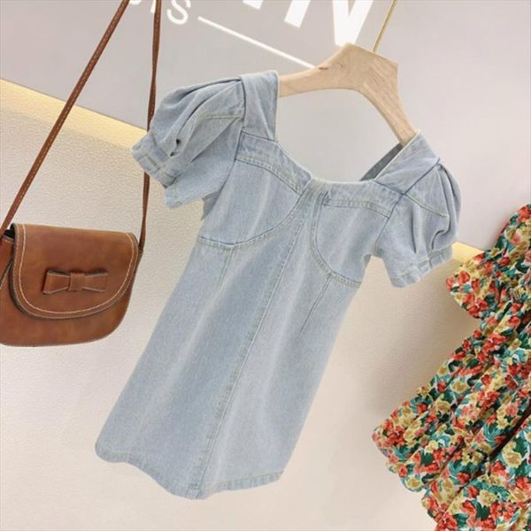 

summer arrival girls fashion girl dress denim kids puff sleeve, Red;yellow