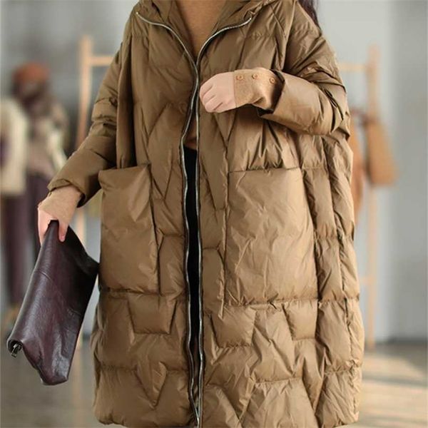 

fitaylor winter hooded down jacket women oversize snow warm drop sleeve thickening parkes outwear 90% white duck coat 211216, Black