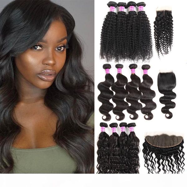 

8a brazilian virgin hair straight 4 bundles with frontal body wave bundles with closures remy deep wave human hair weaves extensions, Black