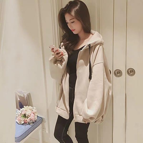 

women's hoodies & sweatshirts 2021 women harajuku lazy style hooded zipper plus size autumn winter velvet warm long sleeve coats, Black