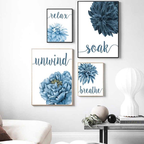 

paintings blue flower plant bathroom quote canvas painting relax soak breathe unwind letter poster wall art picture living room home decor