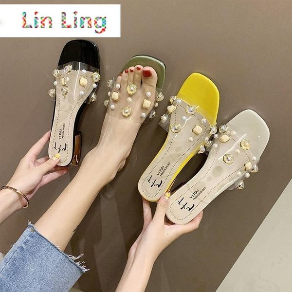 

slippers transparent women shoes woman summer crystal pearl ladies mules square low heels slides plus size, Black