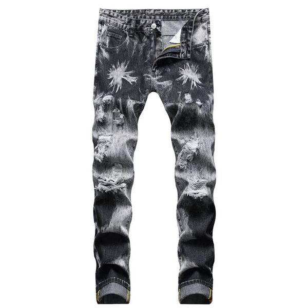 

men's jeans fashion mens loose large size black white print for gentlemen straight holes men clothing denim pants 90s, Blue