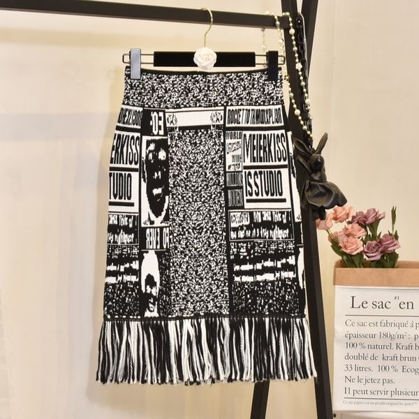 

women's skirt cartoon tassel knit embroidery autumn letters knit thick pencil skirts japan woman faldas female ls150 210309, Black
