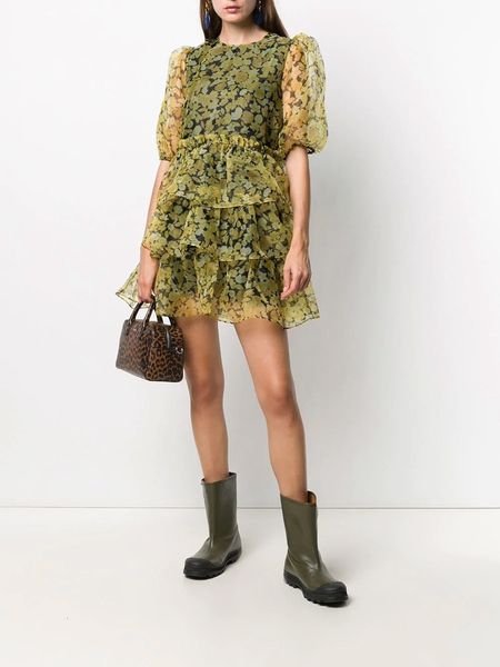 

new women floral mini 2021 spring summer sleeve layered ruffles trim loose short es robes fashion orr1, Black;gray