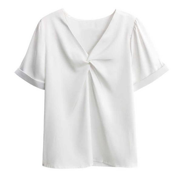 

perhaps u women shirt short sleeve summer v neck bluse satin ruch elegant green pink khaki white solid office lady b0610 210529