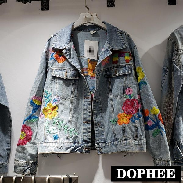 

women's jackets 2021 spring clothing industry embroidery flowers short denim jacket national wind retro jeans coat outwear, Black;brown