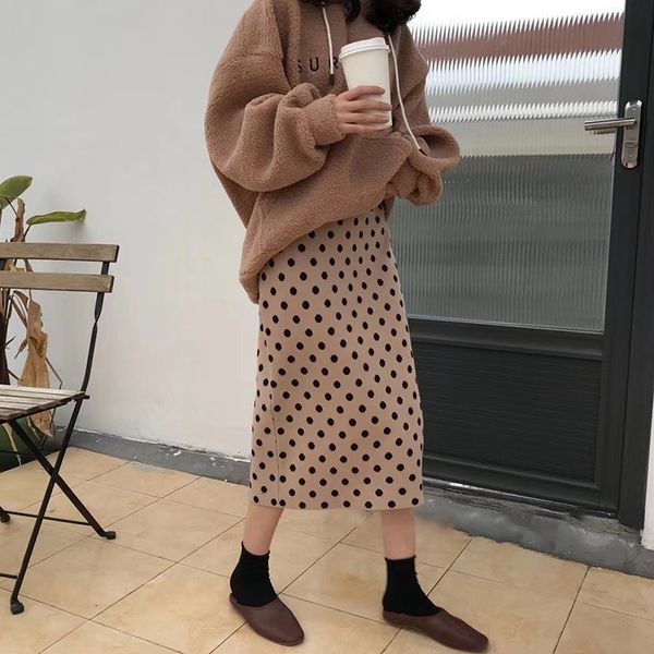 

two piece dress autumn women high-waisted knitted skirts bodycon long falupt femme jupe points print pencil 4plu, White