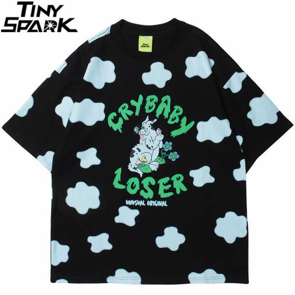 

hip hop streetwear tshirt men animal mushroom flower letter print t shirt harajuku cotton summer short sleeve t-shirt black 210707, White;black