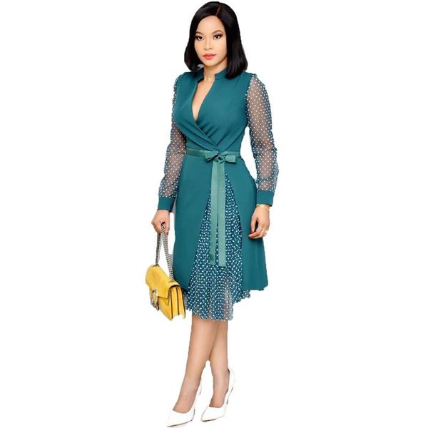 

dress women new 2021 european and american clothing fashion v neck stitching polka dot split green white a line skirt dress gh7, Black;gray