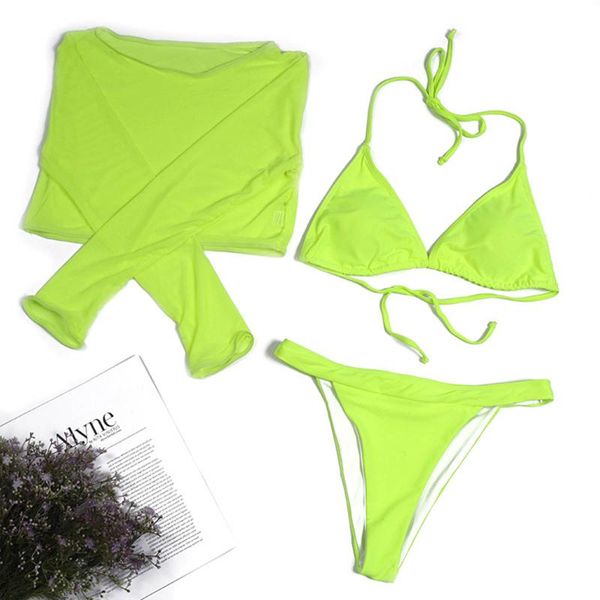 

women's swimwear 3pcs swimsuit bikini set push-up padded bandage solid color thong and stylish beachwear with smock 2021, White;black