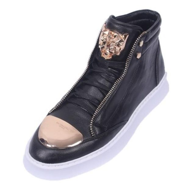 

designer men ankle short metal leather shoes man luxury casual motorcycle punk boots da062, Black