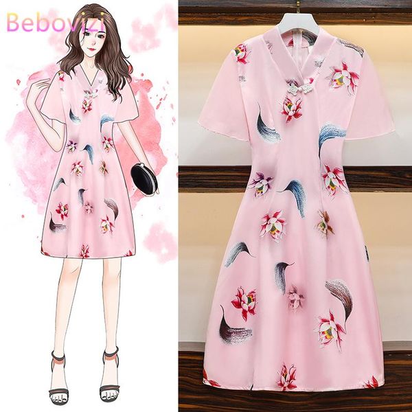 

summer -4xl plus size pink vintage chinese traditional qipao casual party women midi dress cheongsam dresses, Red