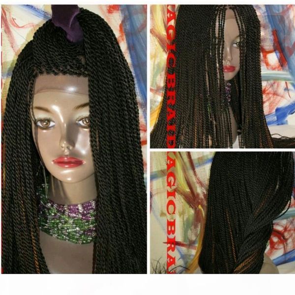 

handmade long senegalese 2x twist lace wig synthetic fully hand braided medium twist for women natural hairline, Black