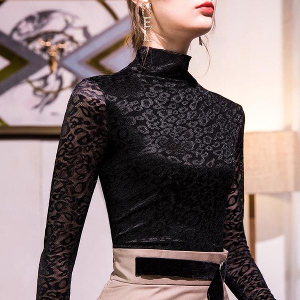 

women's t-shirt black half high collar bottom coat autumn and winter style with foreign small shirt leopard lace top, White