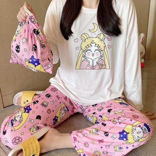 

kawaii sailor moon women's pajamas set autumn long sleeve warm pajamas cute cartoon female homewear loose oversized sleepwear, Black;red