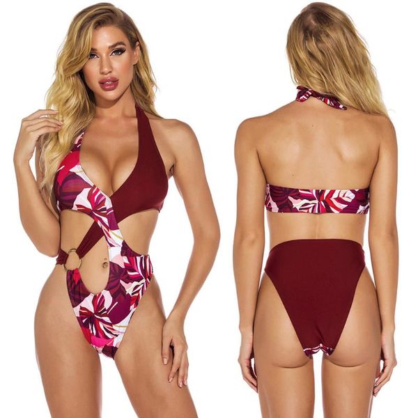 

2021 women red one-piece swimsuit neck strap waist hollow out flower printing bikini swimsuit chain bodysuits bathing suit