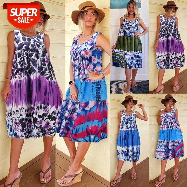 

fashion women summer casual loose dress tie-dye print design o-neck sleeveless mid waist pullovers dress for streetwear #p03u, White;black