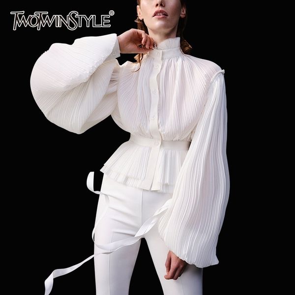 

twotwinstyle causal chiffon ruched women's blouses turtleneck lantern long sleeve tunic shirts female fashion clothing tide 210315, White