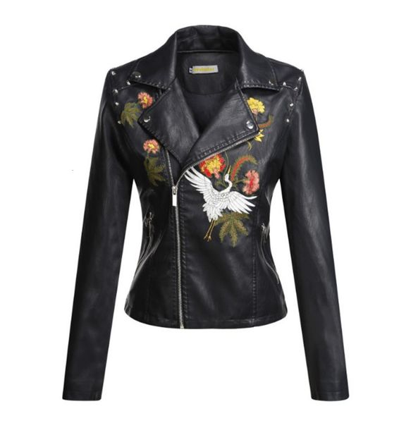

2021new jacket slim fit short embroidered motorcycle leather collar for women's wear, Black