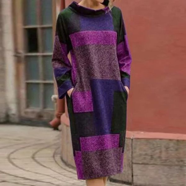 

New 2021 Fashion Patchwork Women Long Sleeve Es Ladies Pocket o Neck Vintage Color Print Female Casual Mini FOMJ, Black;gray