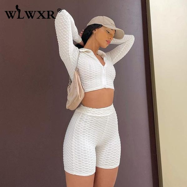 

women's tracksuits wlwxr summer white plaid 2 two piece sets tracksuit womens outfits solid v neck zipper long sleeve crop bike shorts, Gray