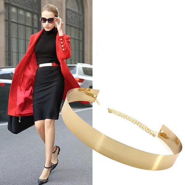 

belts designer fashion lady's metal sheet wide girdle gold silver chain pendant belt all-match coat dress accessories waistband, Black;brown