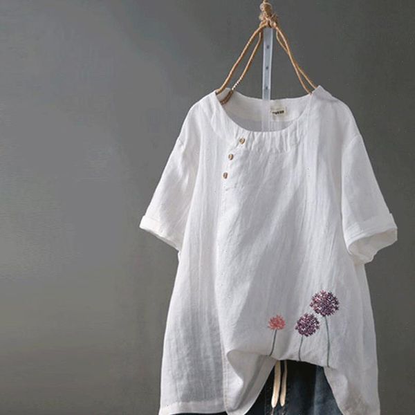 

embroidery flower blouse women boho clothing cotton and linen plus size o neck button casual shirt blusa feminina clothes, White