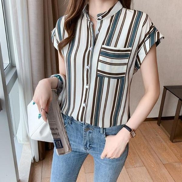 

women's blouses & shirts 2021 chiffon womens casual striped female loose summer short sleeve ladies office all-match, White