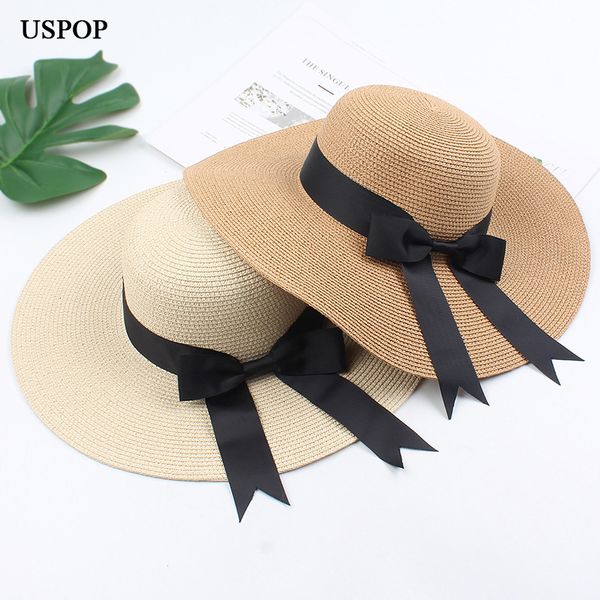 

2021 new women female wide brim beach bow summer hat anti uv straw sun hats 7313, Blue;gray