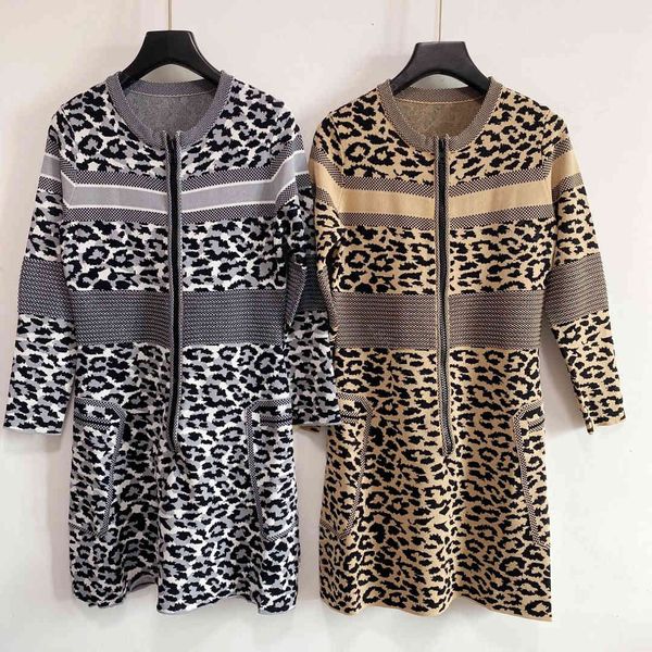 

wool knit women dress midi cd brand girls dress knit zipper long sleeve autumn casual office skirt leopard jacquard high-end designer clothi, Black;gray