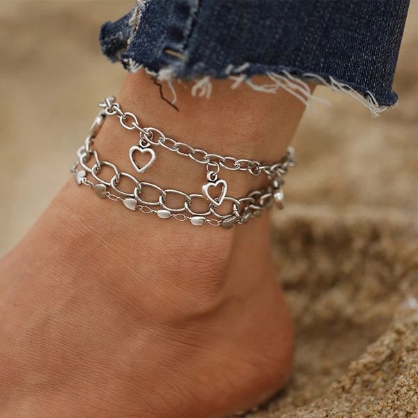

vintage multilayer silver color love heart tassel pendant anklets set bohemia beach ankle bracelet foot leg chain jewelry gifts, Red;blue