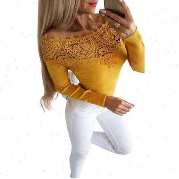 

fashion off shoulder women shirt long sleeve lace stitching baisc tunique femme sj2267m, White