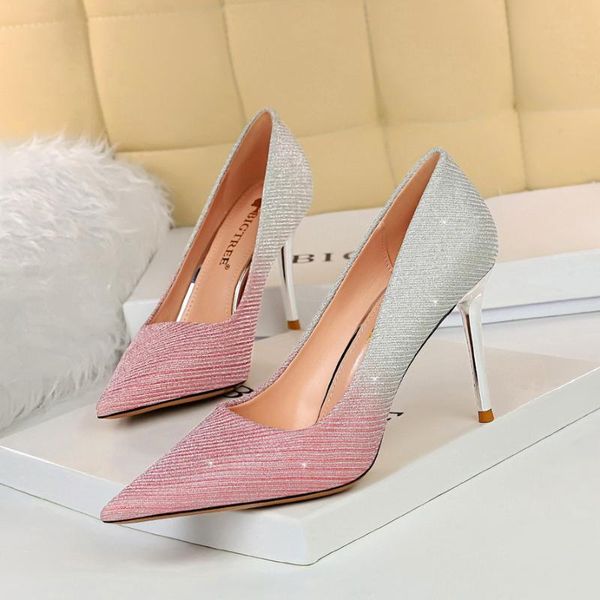 

dress shoes european and american banquet shows thin stiletto high heels color matching gradient sparkling sequined cloth single, Black