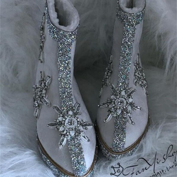 

boots handmade fashion pointed inner heightening plus velvet warmth beaded snowflake rhinestone women snow, Black