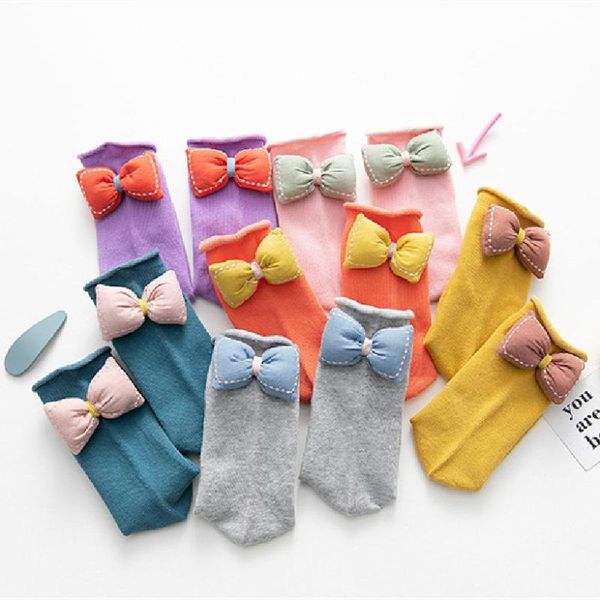 

socks 6 pairs/lot children for girls big bow super soft toddler baby short autumn arrival kids sock crimping cotton, Pink;yellow