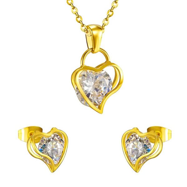 

earrings & necklace 316l stainless steel fashion simple love heart with zircon pendant set wedding jewelry no fade, Silver